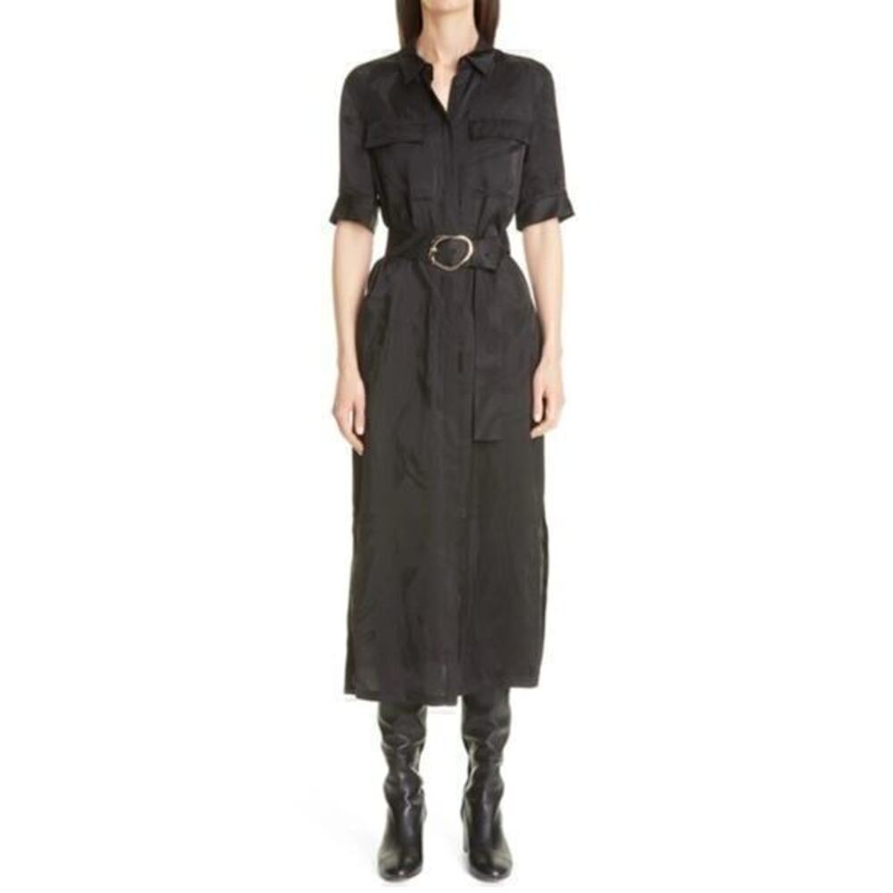 Lafayette 148 New York Doha Black Midi Belted Shirt Dress Size Large NWT